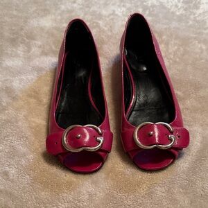 Gucci Hot Pink Peep-Toe Ballet Flats with Silver Buckle